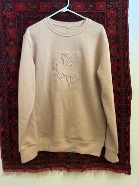 Wyoming Beige Embossed Logo long Crewneck Sweater